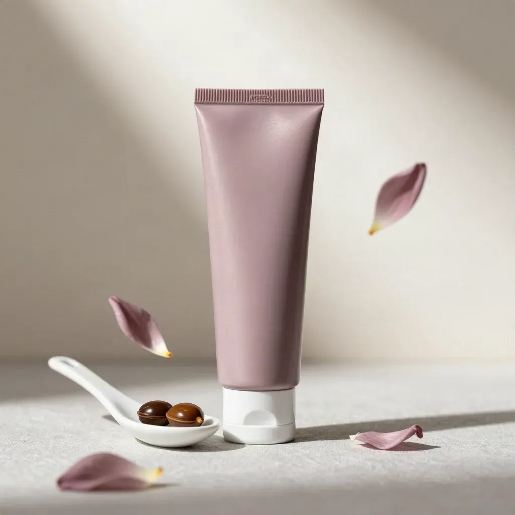 Tubetto crema giorno malva con petali, cucchiaio in ceramica e semi di jojoba su intonaco chiaro.