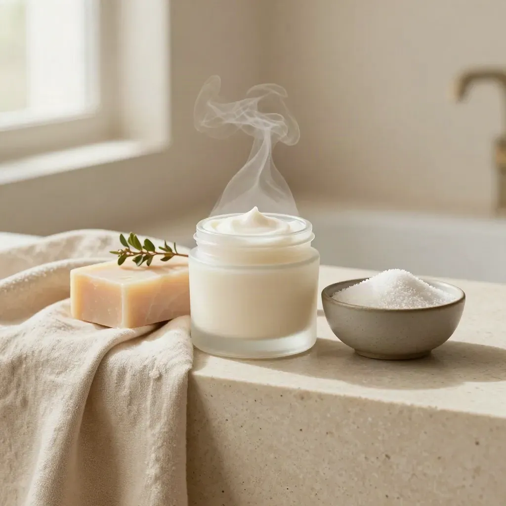 Set benessere con crema, sapone e sali su mensola in travertino, con tisana fumante e erbe.