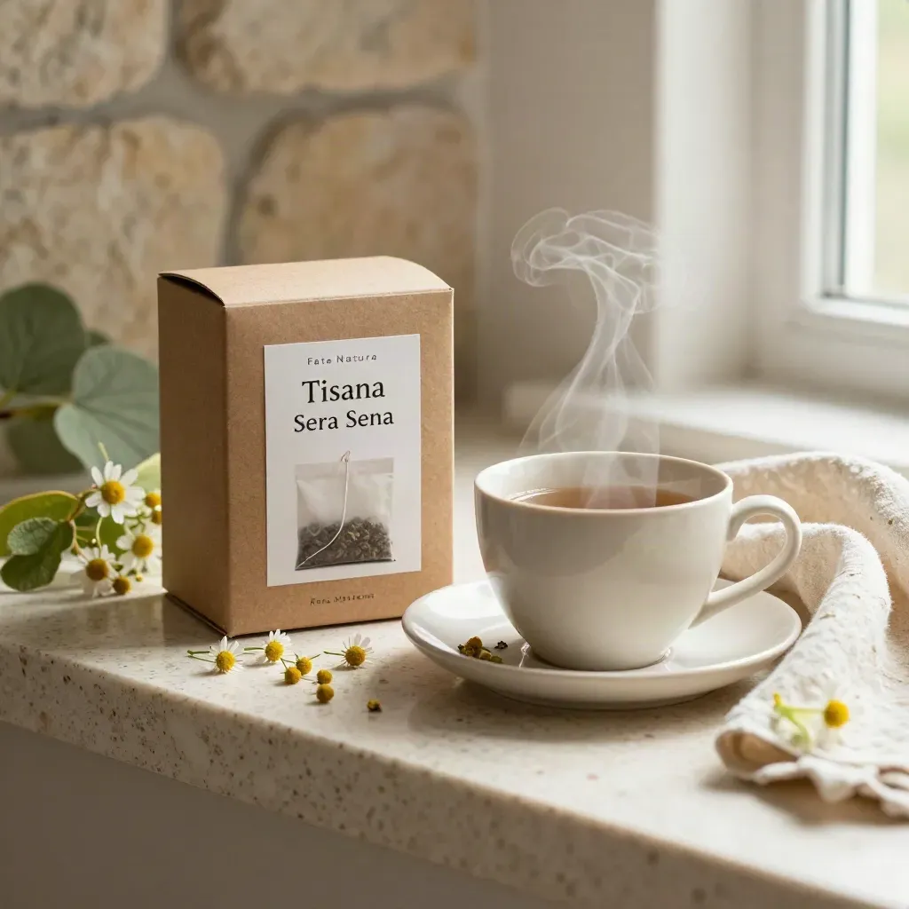 Tisana in tazza di ceramica con fiori secchi su travertino, vapore lieve