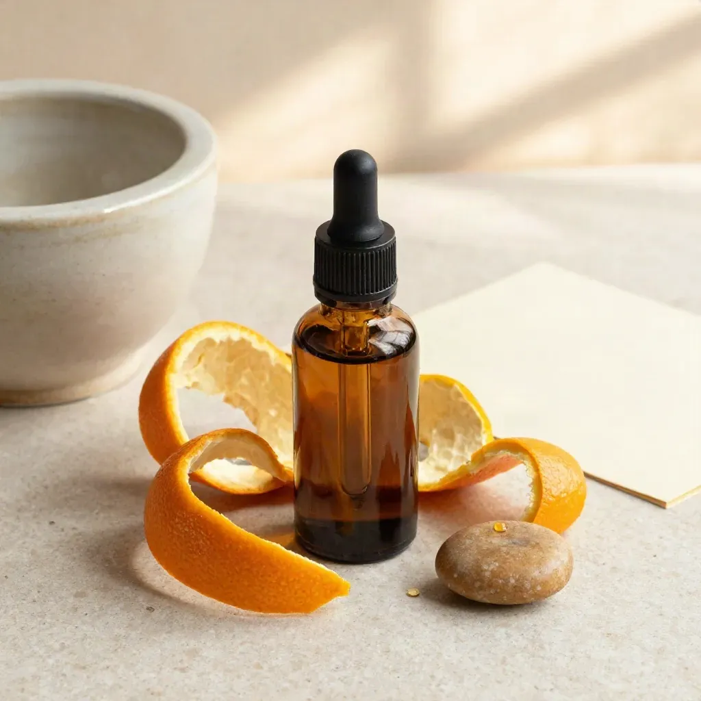 Boccetta di olio essenziale d’arancio con scorze, mortaio in ceramica e pietra su travertino.