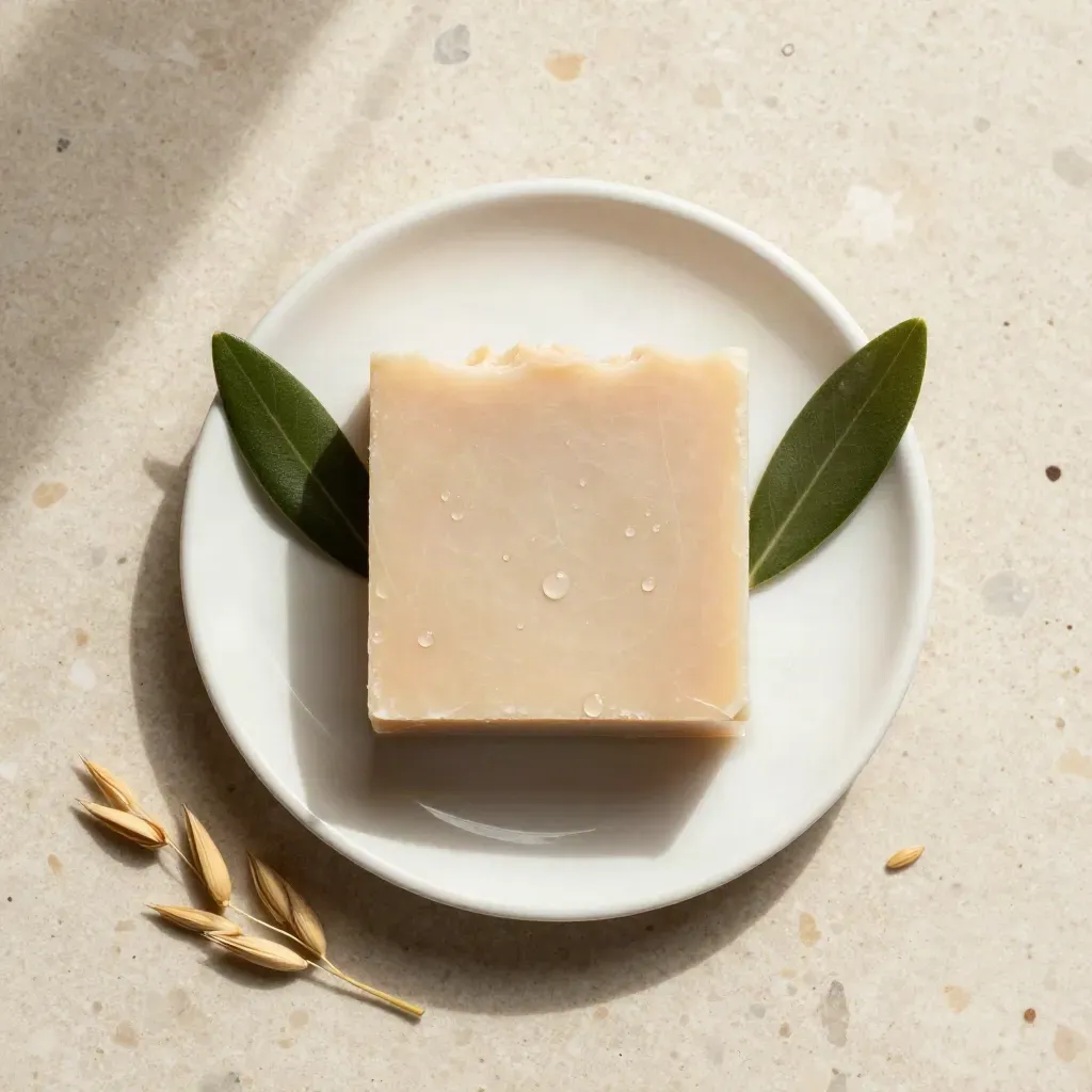 Sapone all’oliva e avena su piattino di ceramica con foglia d’olivo e gocce d’acqua