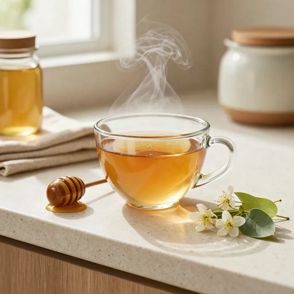 Tisana al miele e tiglio in vetro con cucchiaino di miele e fiori di tiglio, vapore caldo