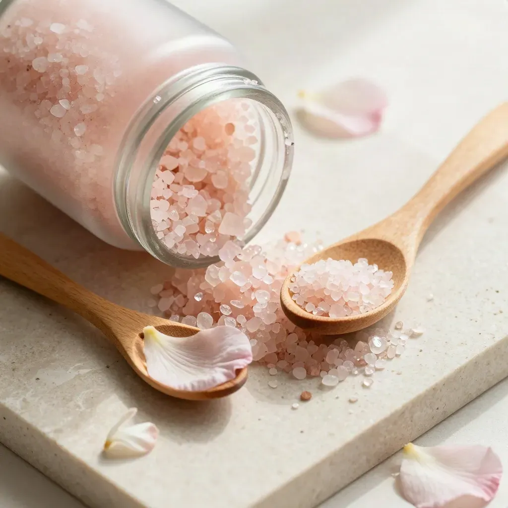 Barattolo di sali da bagno rosa con cucchiaio chiaro e petali su pietra travertino
