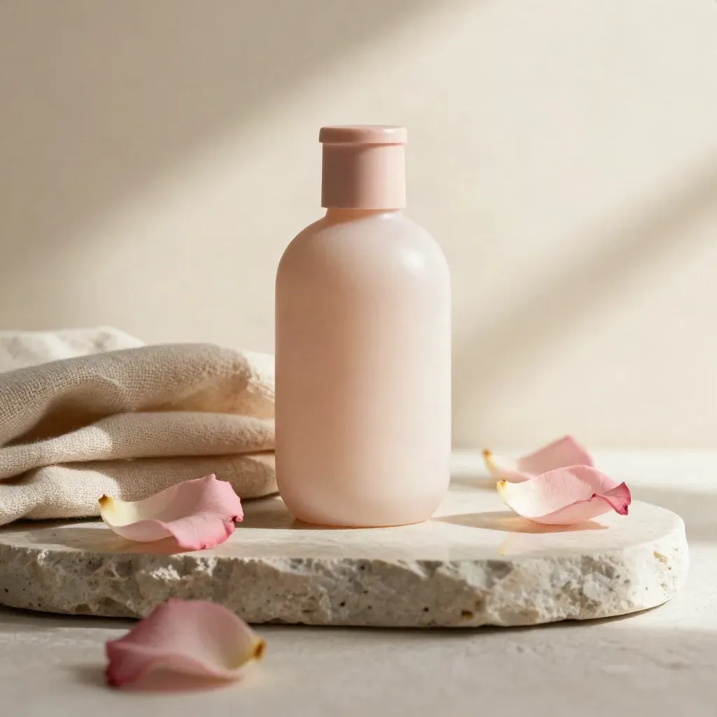 Flacone liscio di latte corpo alla rosa con petali, lino e piattino di pietra.
