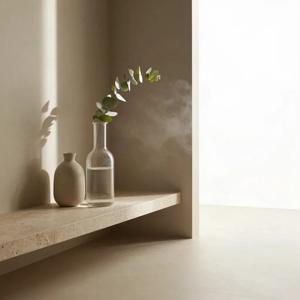 Angolo bagno minimal con caraffa di vetro, eucalipto e vapore leggero.