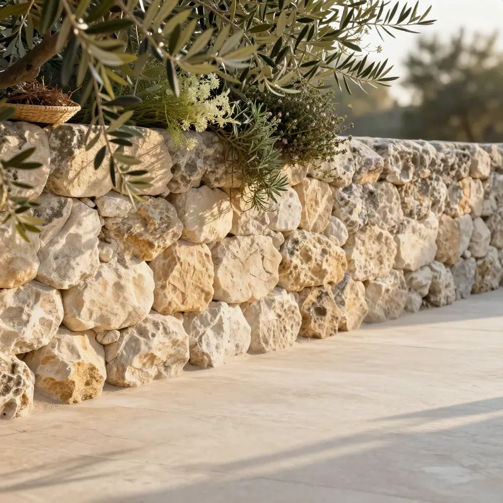 Muretto mediterraneo con ulivo ed erbe, vassoio intrecciato sfocato e spazio chiaro per il testo.